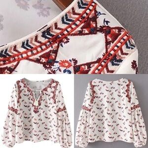 Forever 21 Cream and Red Embroidered Blouse